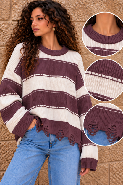 Dusty Plum & Cream Striped Knit Sweater