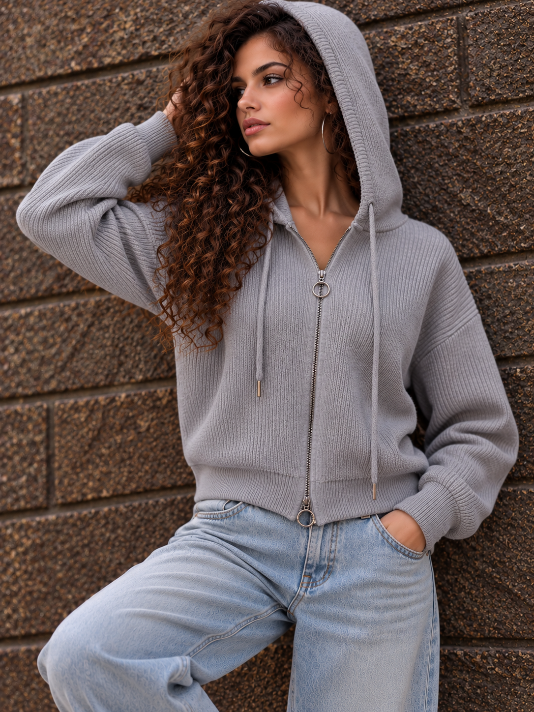 Grey Ribbed Zip-Up Hoodie
