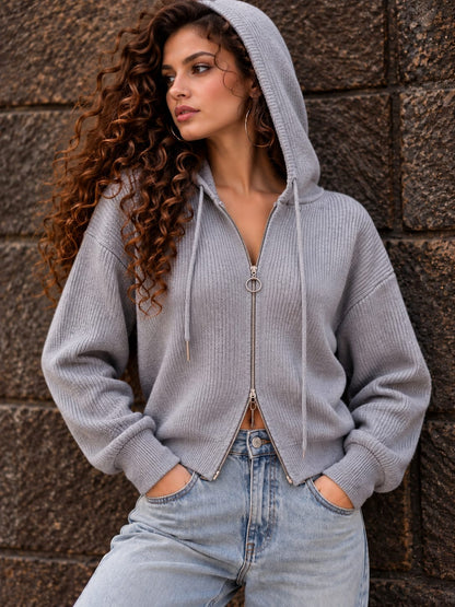 Grey Ribbed Zip-Up Hoodie