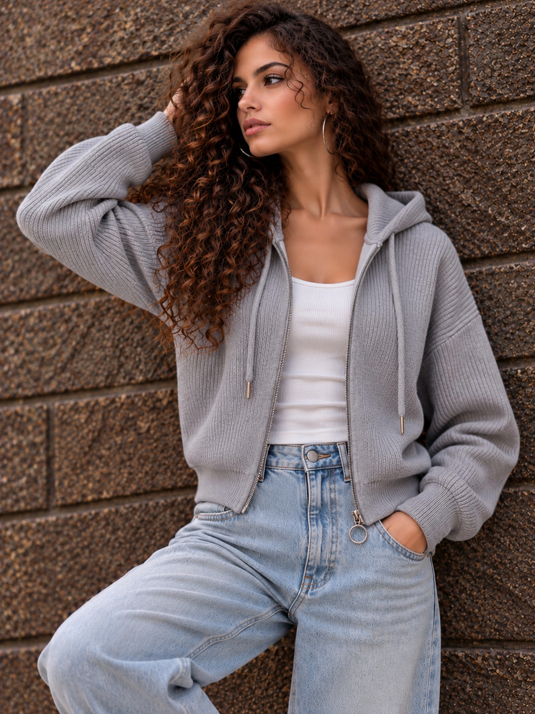 Grey Ribbed Zip-Up Hoodie