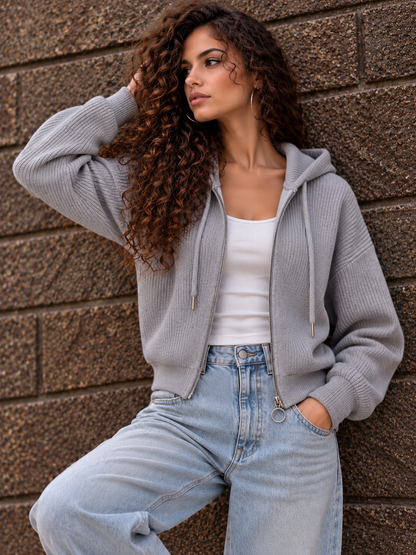 Grey Ribbed Zip-Up Hoodie
