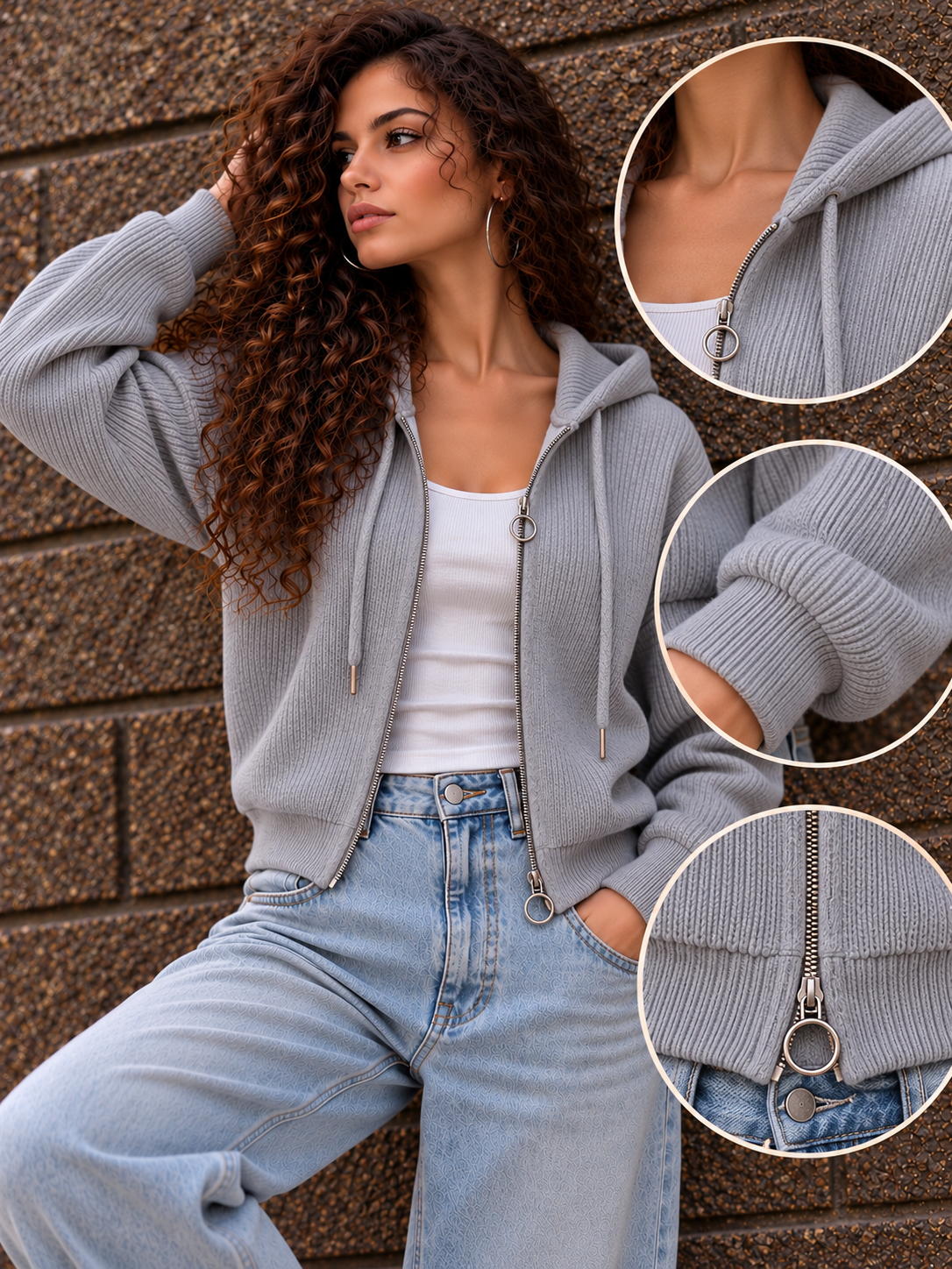 Grey Ribbed Zip-Up Hoodie