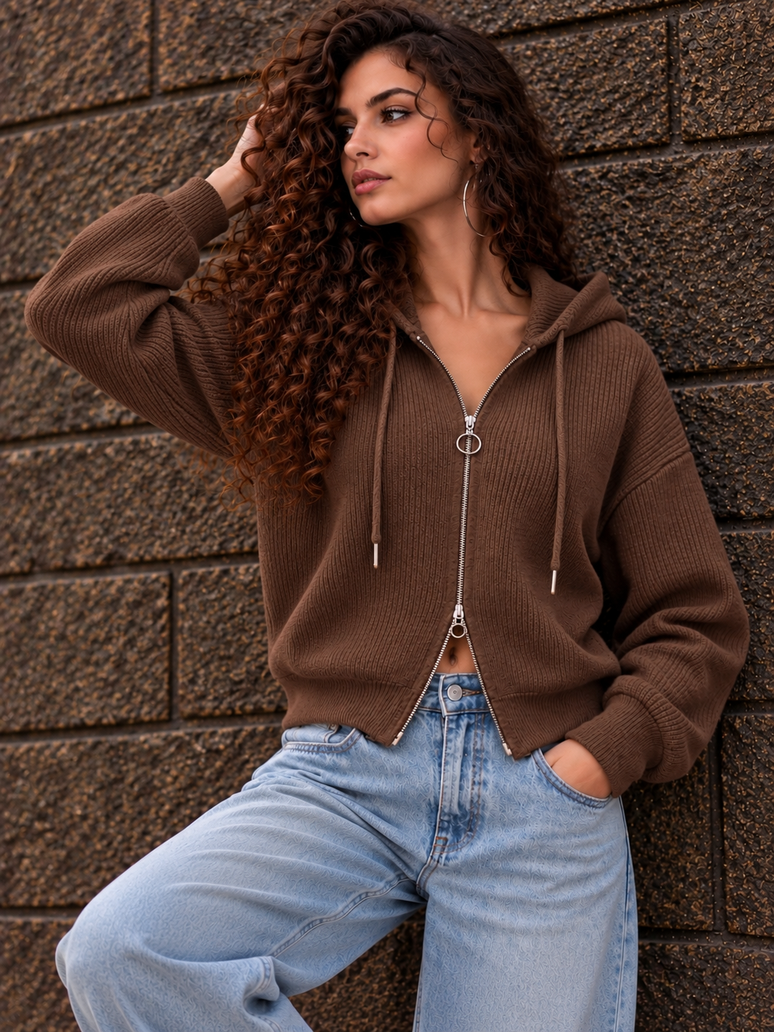 Brown Ribbed Zip-Up Hoodie