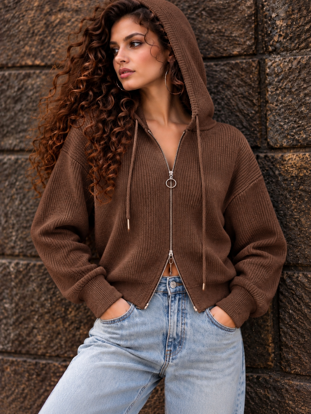 Brown Ribbed Zip-Up Hoodie