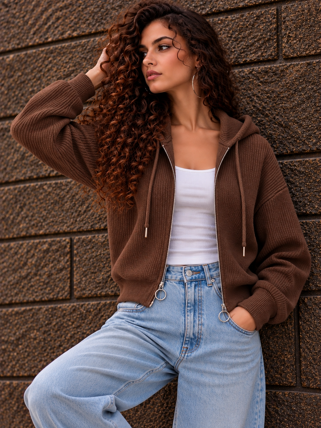 Brown Ribbed Zip-Up Hoodie