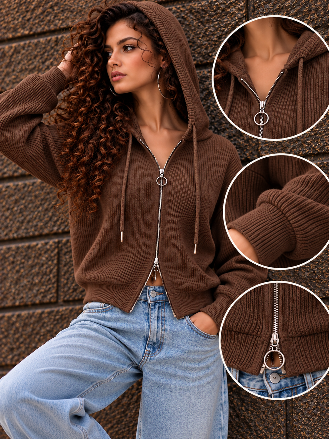 Brown Ribbed Zip-Up Hoodie