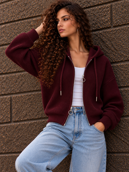 Burgundy Ribbed Zip-Up Hoodie