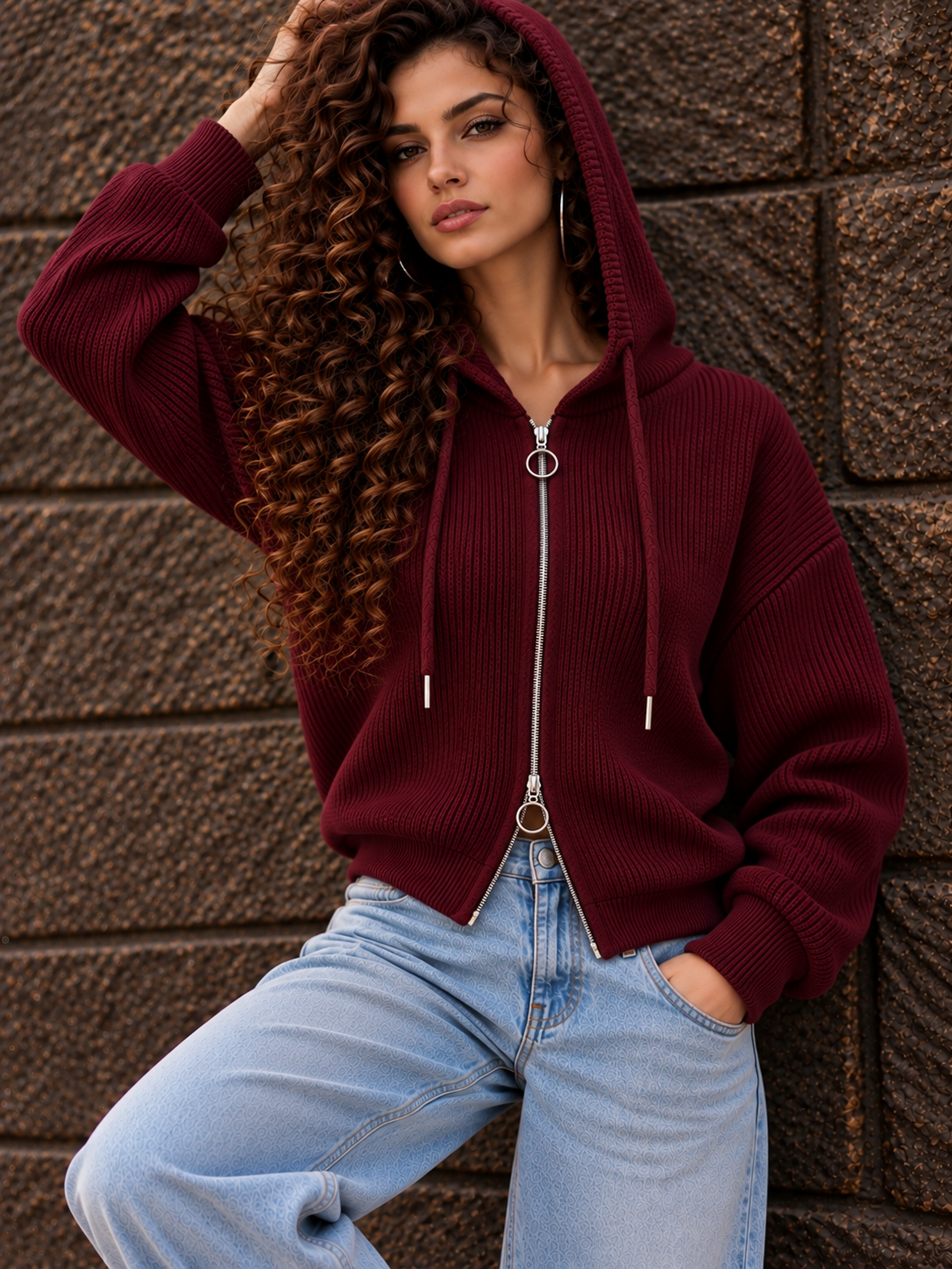 Burgundy Ribbed Zip-Up Hoodie