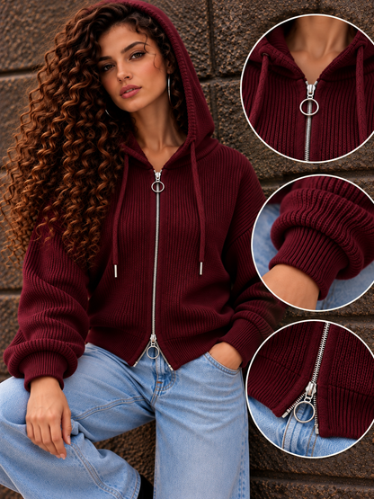 Burgundy Ribbed Zip-Up Hoodie