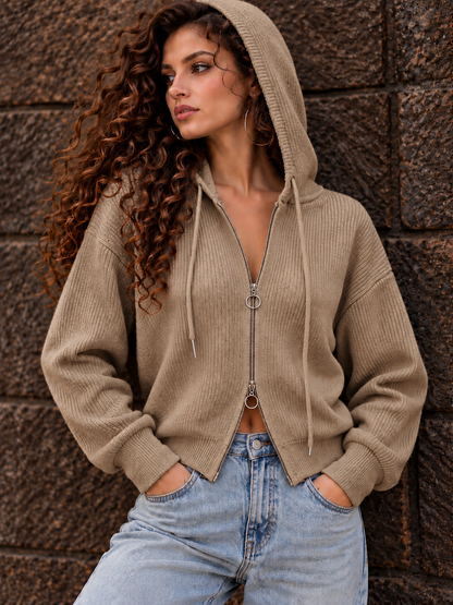 Beige Ribbed Zip-Up Hoodie