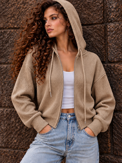 Beige Ribbed Zip-Up Hoodie