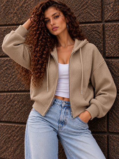 Beige Ribbed Zip-Up Hoodie