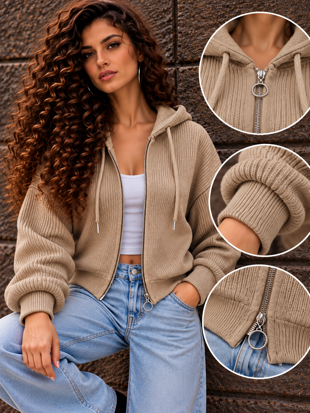 Beige Ribbed Zip-Up Hoodie