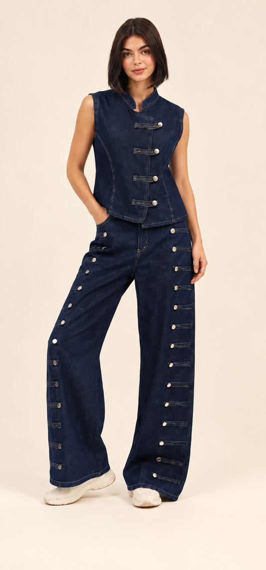 Dark blue Premium Denim Set – Vest & Wide-Leg Pants