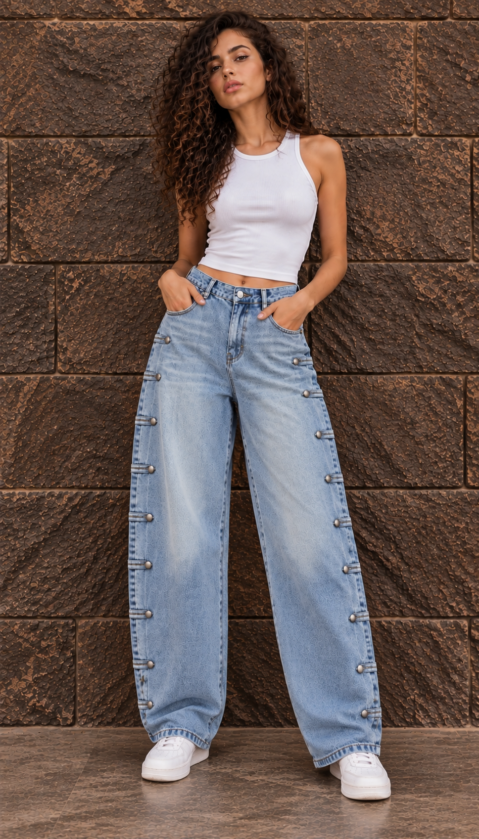 Silver Buckle Wide-Leg Jeans