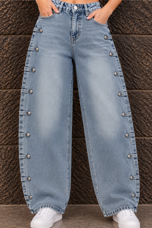 Silver Buckle Wide-Leg Jeans