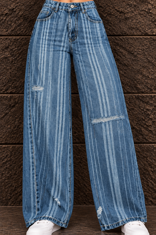 Striped Distressed Wide-Leg Jeans