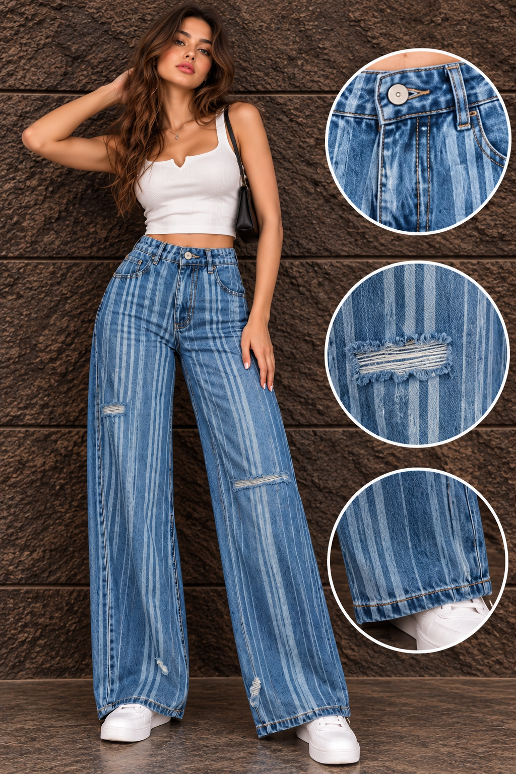 Striped Distressed Wide-Leg Jeans