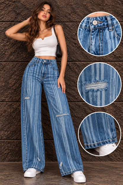 Striped Distressed Wide-Leg Jeans