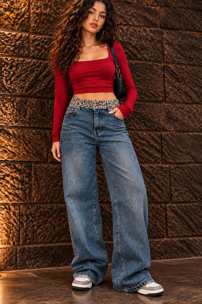 Leopard straight blue jeans