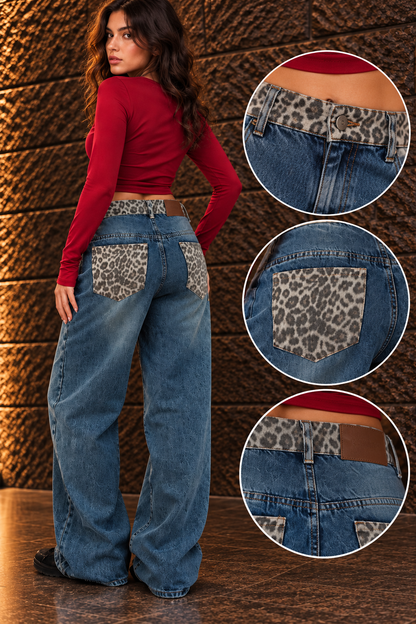 Leopard straight blue jeans