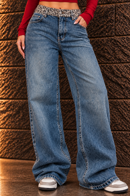 Leopard straight blue jeans