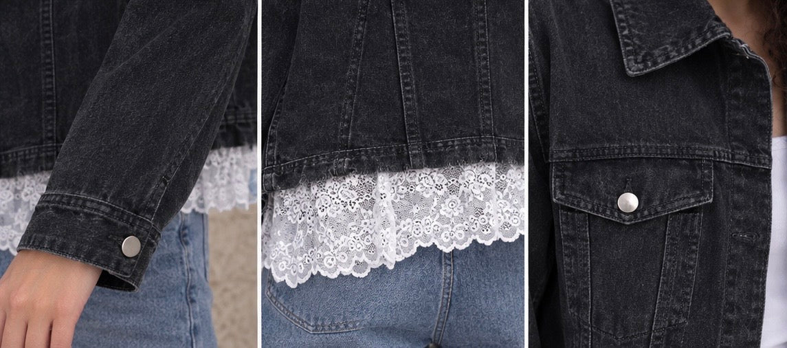 Lace Trim Black Denim Jacket
