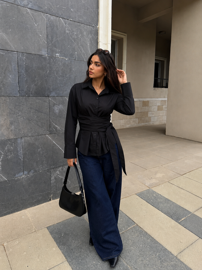 Black Belted Poplin Shirt