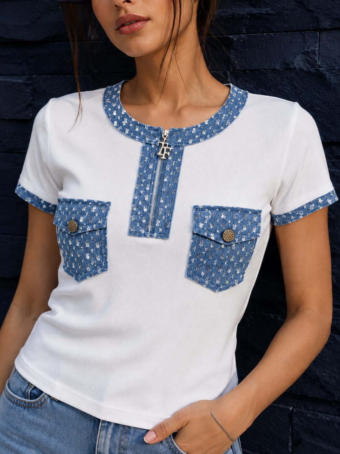 Denim Detail Pocket T-Shirt