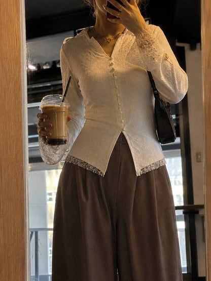 Elegant Lace Trim Button Blouse