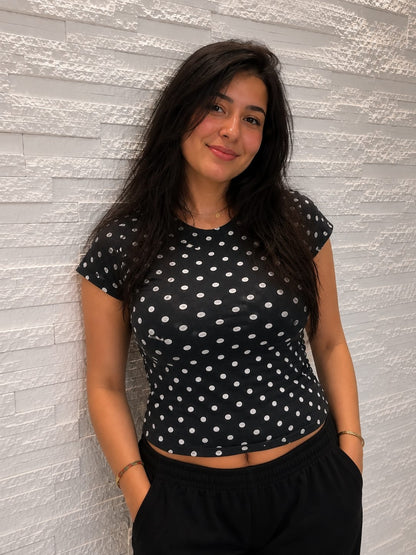 Black Polka Dot Cotton Blend Fitted Top