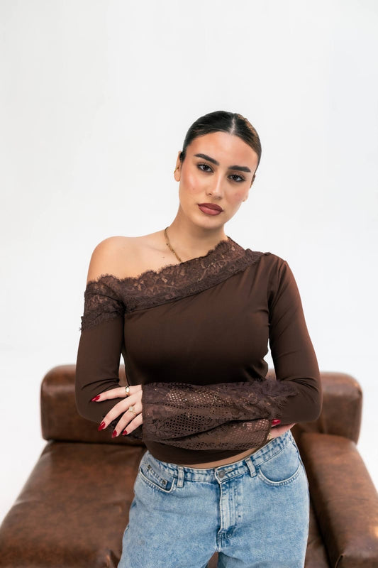 Brown long sleeve off shoulder top