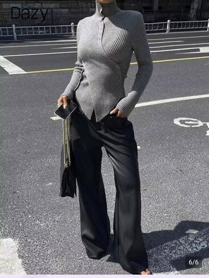 Gray Ribbed Asymmetrical Button-Up Sweater