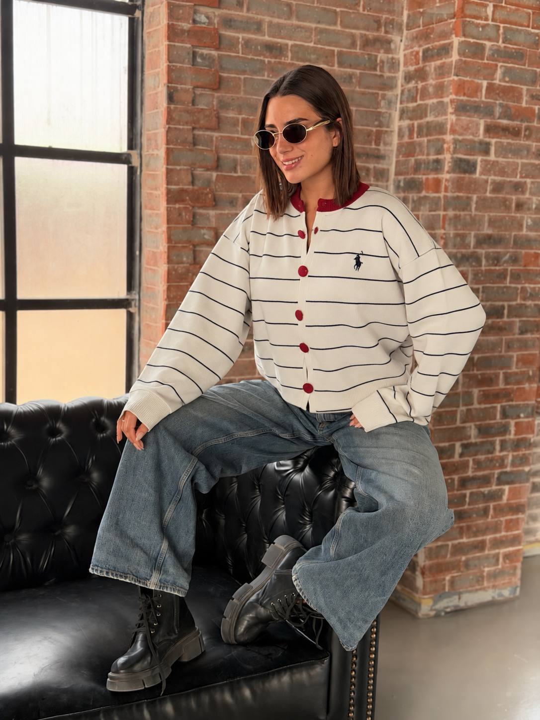 Red Button Striped Cardigan – Off White