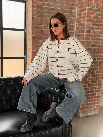 Red Button Striped Cardigan – Off White