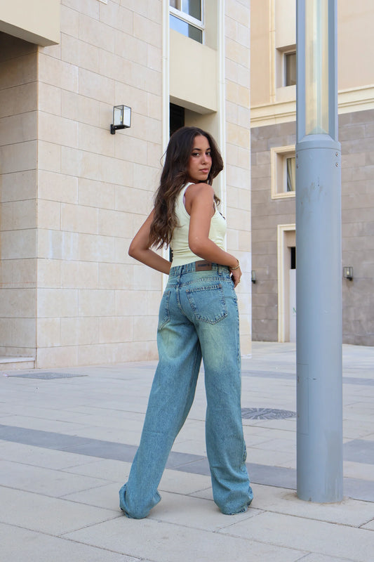 warm blue low waist straight leg denim