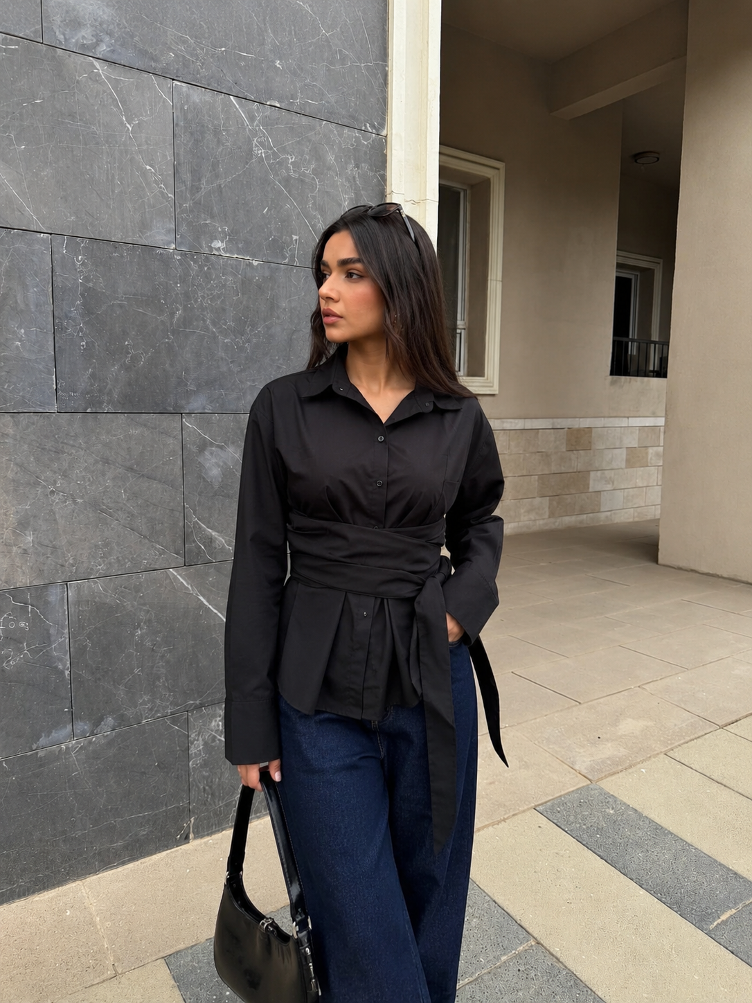 Black Belted Poplin Shirt