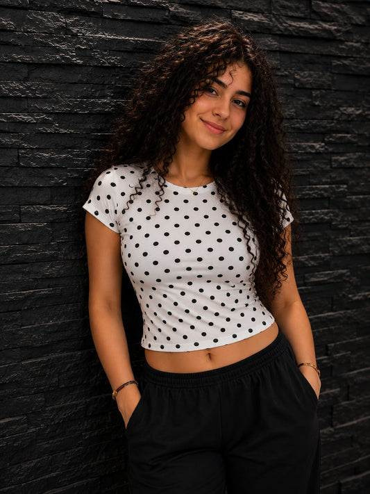 White Polka Dot Cotton Blend Fitted Top