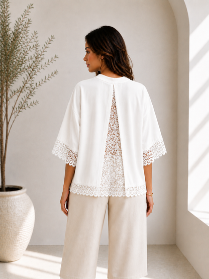 White Lace Panel Open Back T-Shirt