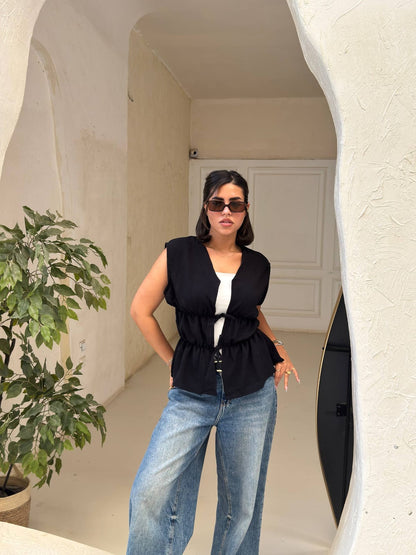 Black Ruched Tie Front Sleeveless Vest