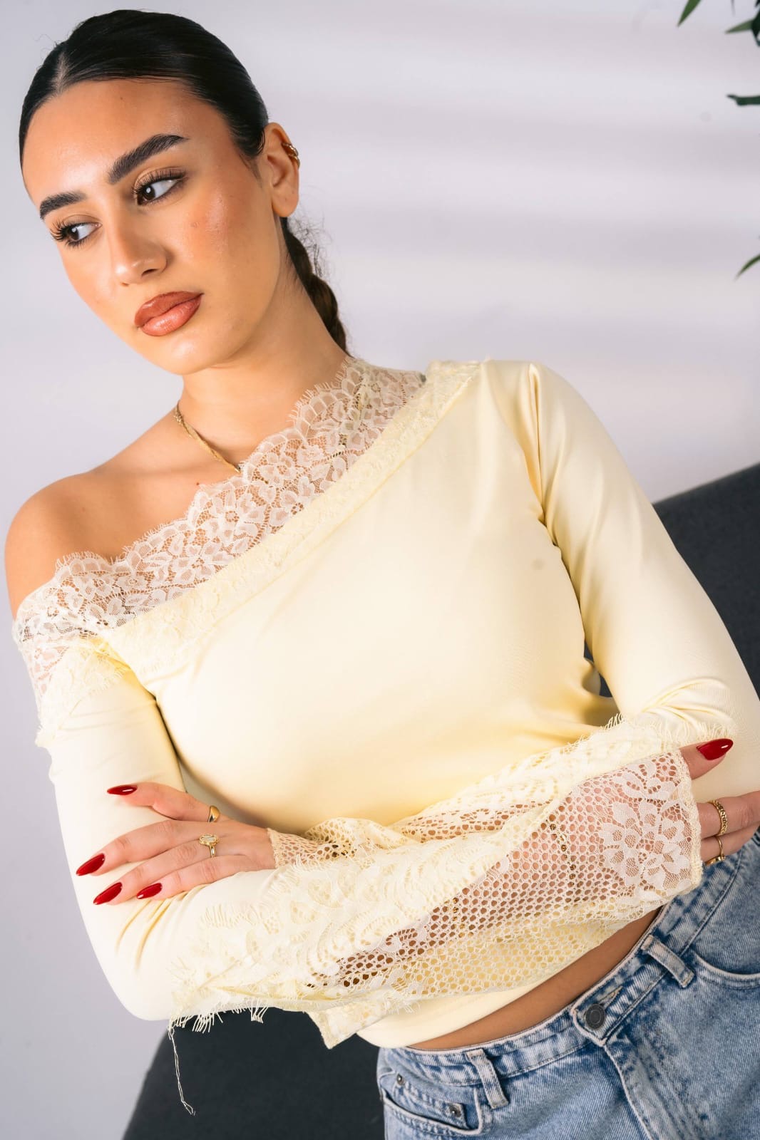 Butter yellow long sleeve off shoulder top