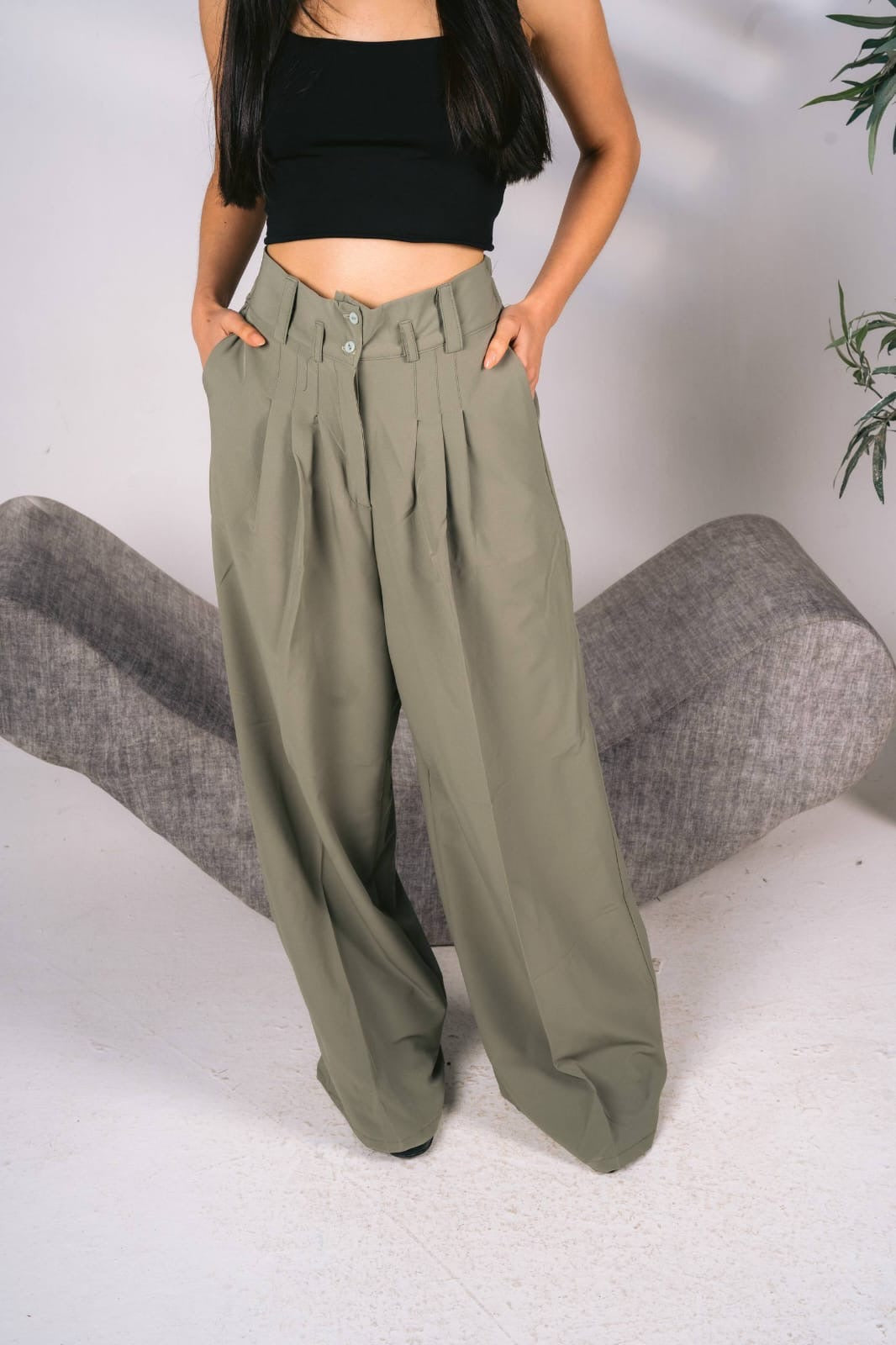 Wide leg olive tailored pants free size 60-75kgs