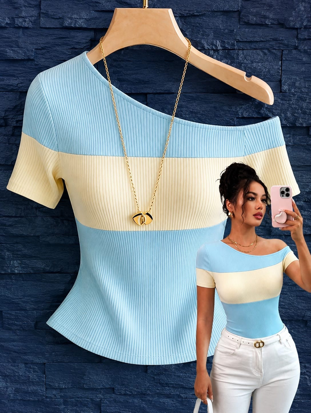 Blue & Cream Ribbed Color Block Top