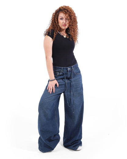 Mega baggy dark blue jeans with belt straps