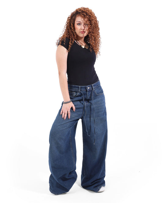 Mega baggy dark blue jeans with belt straps
