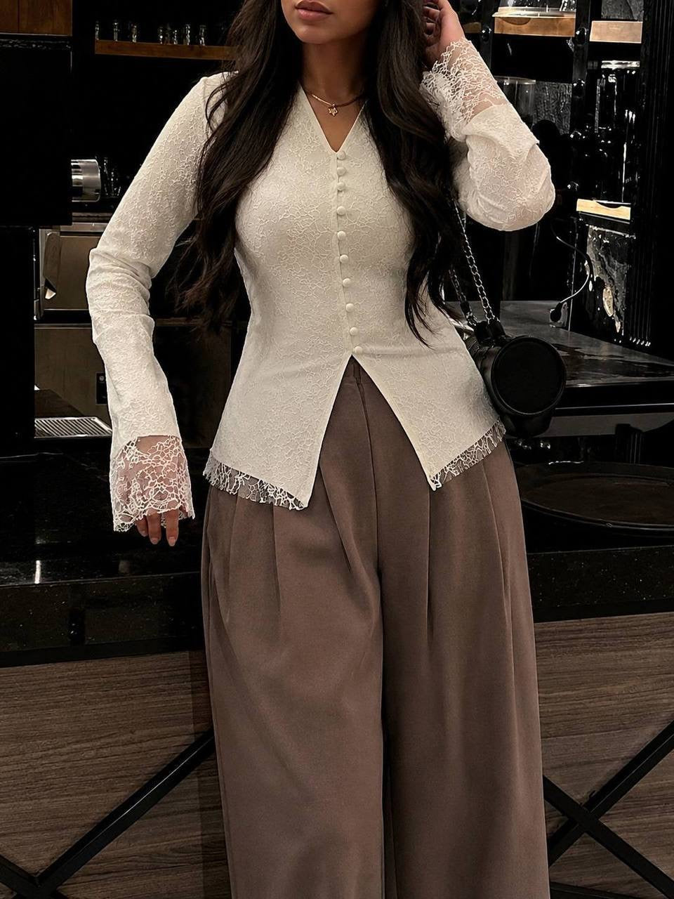 Elegant Lace Trim Button Blouse