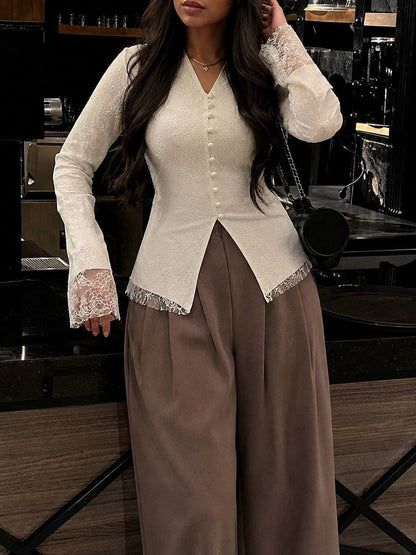 Elegant Lace Trim Button Blouse