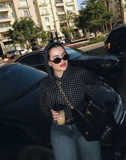 Black Polka Dot Hooded Top