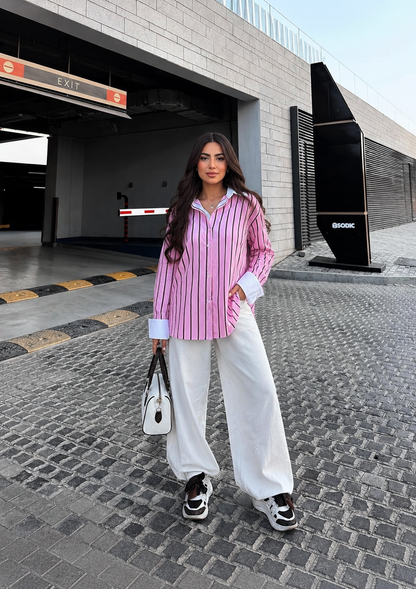 Pink Striped Contrast Collar Shirt