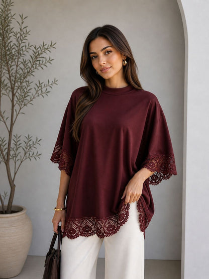 Burgundy Lace Panel Open Back T-Shirt